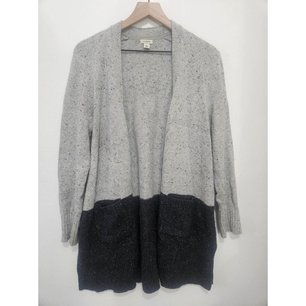LL Bean Womens Colorblock Open Front Cardigan Grey Wool Blend Sweater 503428 L